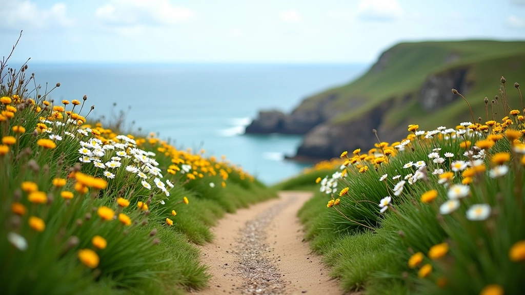 Scenic pathway along green cliffside with wildflowers and views of sandy beaches below