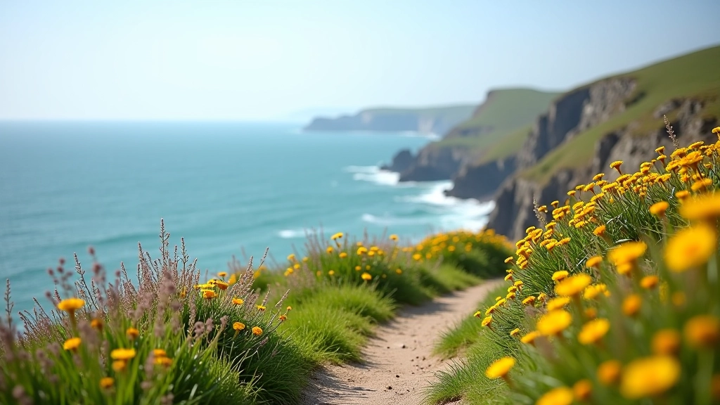 Coastal path with wildflowers blooming on cliff edge overlooking turquoise waters