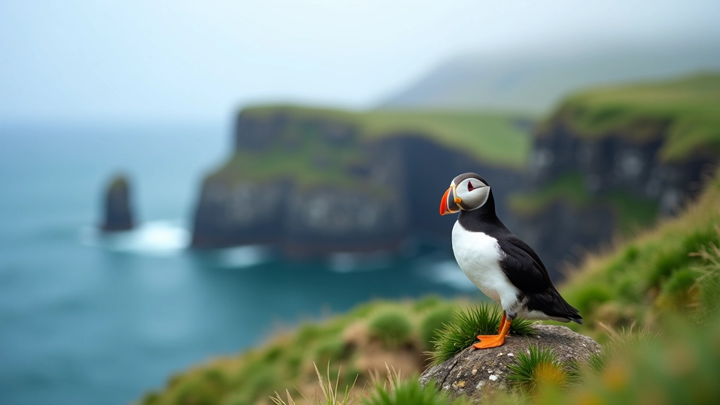 Dramatic view of coastal cliffs with sea stacks and Atlantic Ocean, puffins visible on cliff ledges