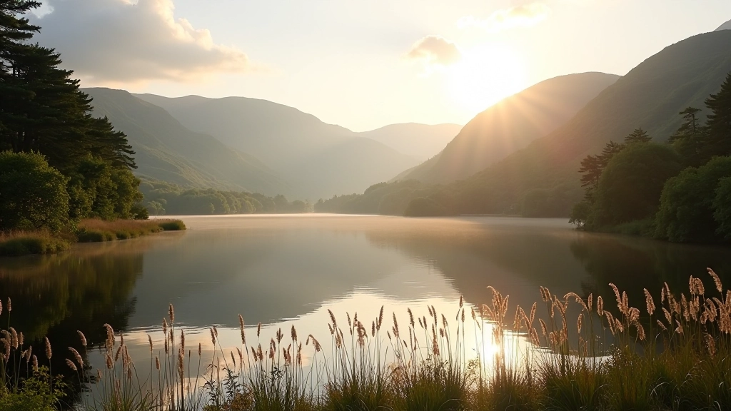 Scenic lakeside view of Killarney National Park with mountains reflected in calm water