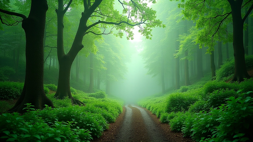 Dense green forest canopy in Tollymore Forest Park with sunlight filtering through trees