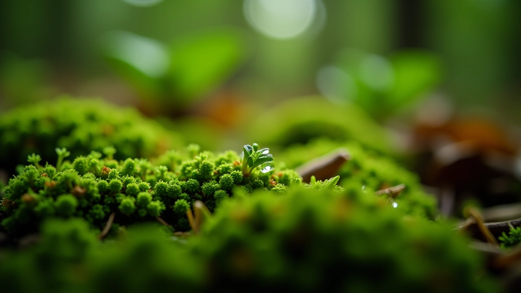 Close-up of forest floor showing moss, leaves, and natural woodland textures with morning dew