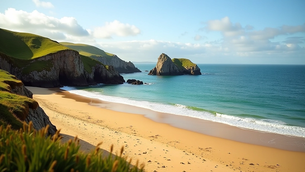 Peaceful beach cove with golden sand surrounded by green fields and coastal cliffs