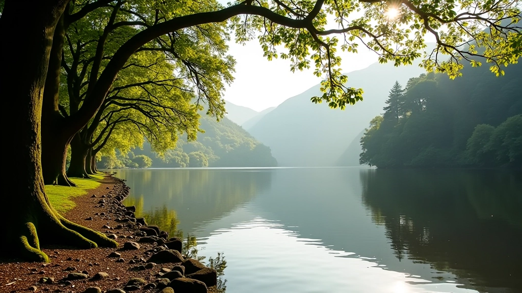 Calm waters of Muckross Lake with ancient woodland trees along the shoreline, reflections visible in still water